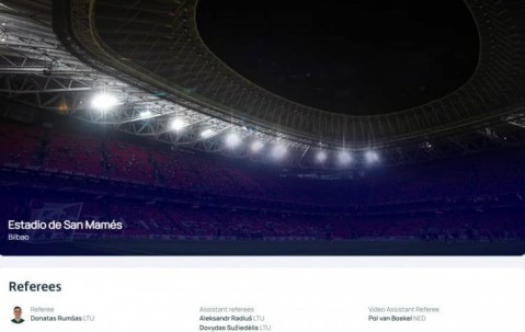 欧冠毕巴vs阿森纳裁判：立陶宛籍裁判鲁姆萨斯执法